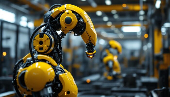 A photograph of a high-tech industrial robot equipped with a lidar sensor in action