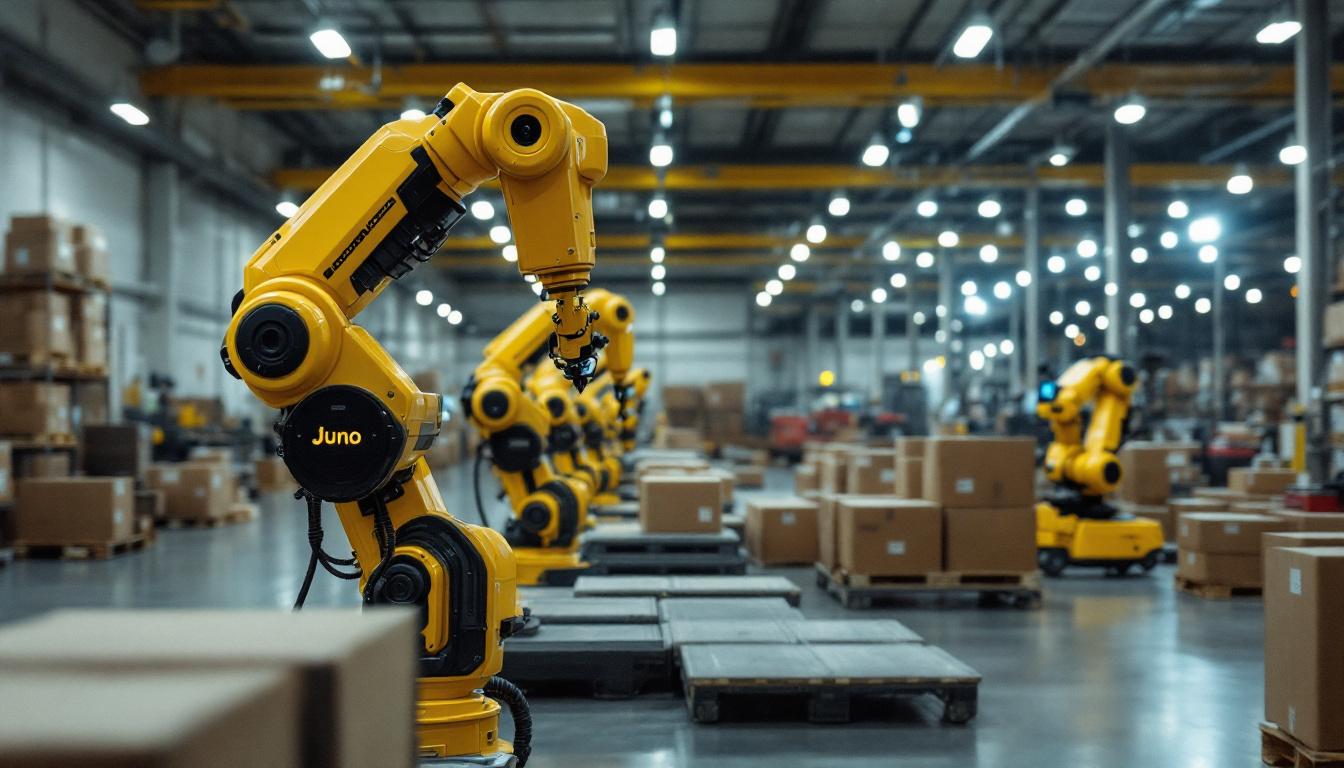 A photograph of a dynamic warehouse scene showcasing juno logistics in action