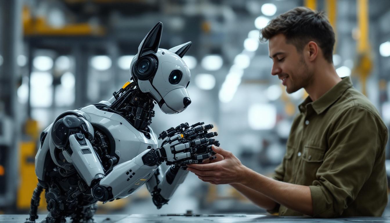 A photograph of a robotic dog interacting playfully with a human in an industrial setting