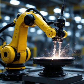 A photograph of a modern industrial robotic arm in action