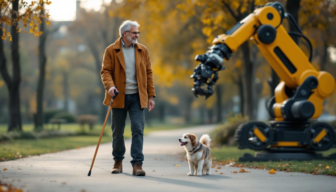 A photograph of a person confidently using a walking stick while walking through a park