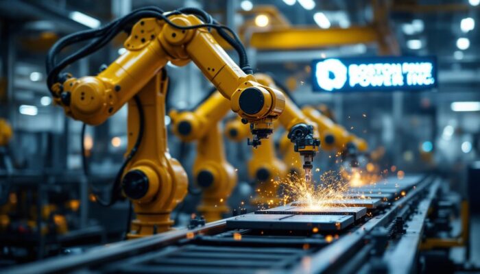 A photograph of a dynamic industrial setting featuring advanced robotic arms in action