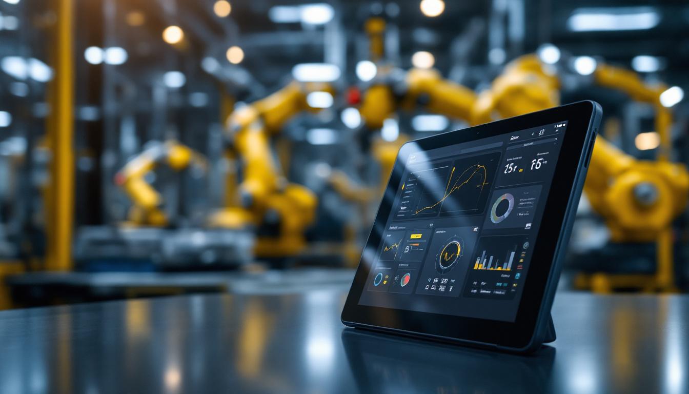 A photograph of a sleek atex tablet displaying industrial robotic controls in a high-tech manufacturing environment