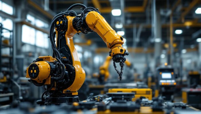 A photograph of a sleek industrial robotic arm in action