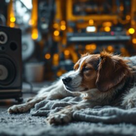A photograph of a serene environment featuring a dog comfortably resting beside a sound machine