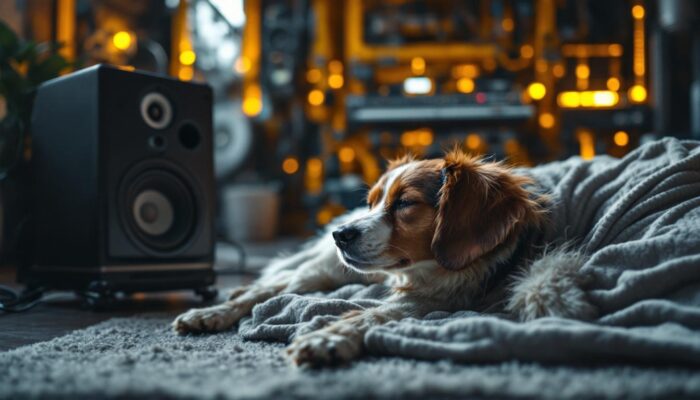 A photograph of a serene environment featuring a dog comfortably resting beside a sound machine