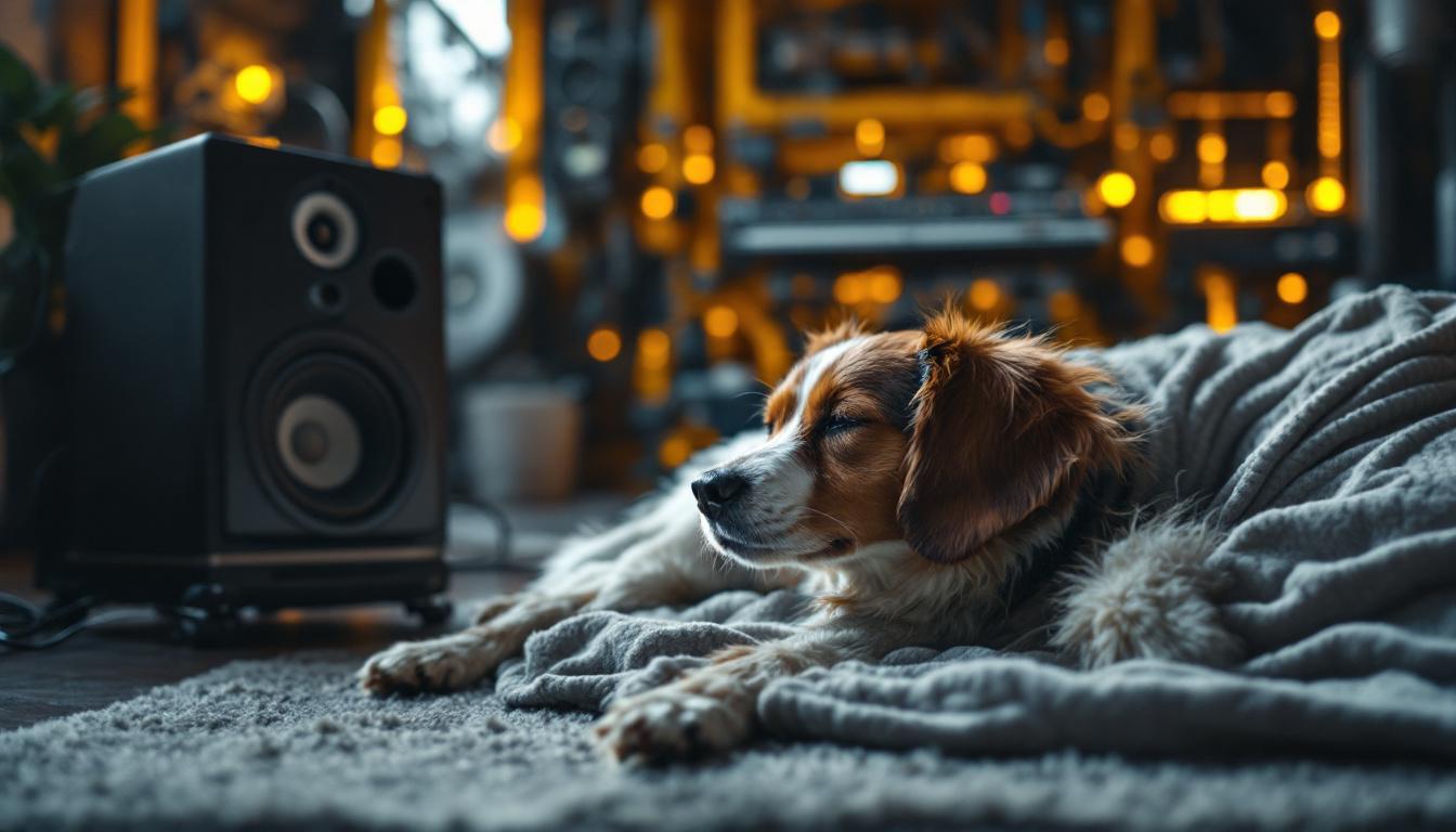 A photograph of a serene environment featuring a dog comfortably resting beside a sound machine
