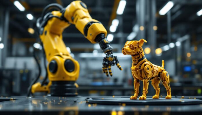 A photograph of a dynamic scene showcasing a robotic arm interacting with a 3d-printed dog model in a modern industrial setting