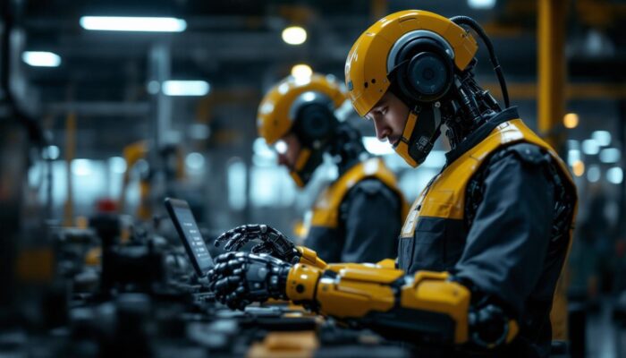 A photograph of a skilled technician working alongside an industrial robot in a modern manufacturing setting