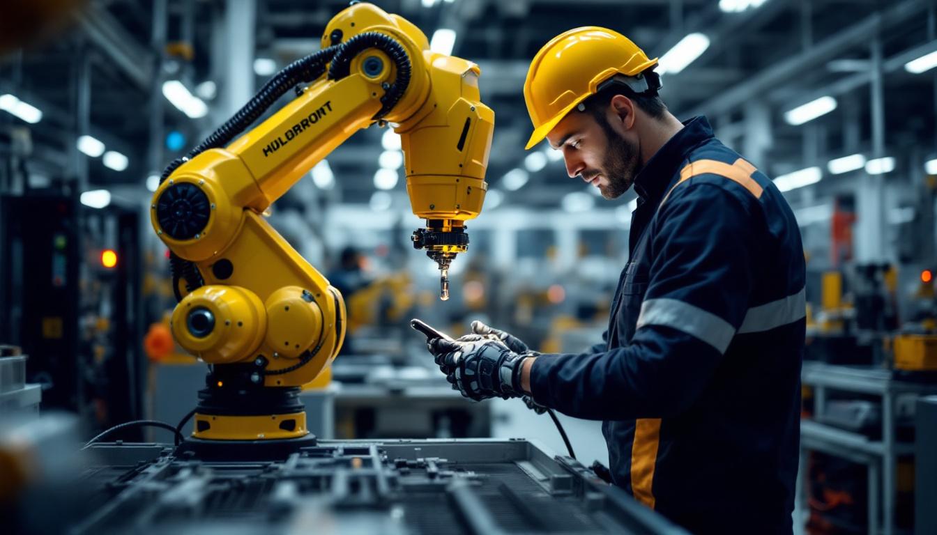 A photograph of a skilled worker operating an industrial robot in a modern manufacturing facility in boston