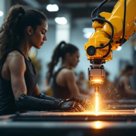 A photograph of a dynamic scene showcasing a fitness class in action alongside an industrial robotic arm performing a precise task