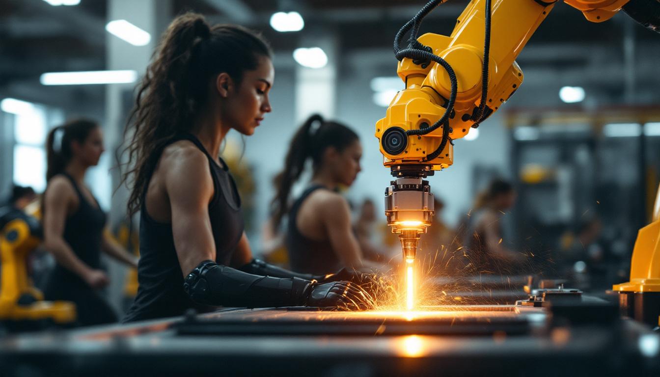 A photograph of a dynamic scene showcasing a fitness class in action alongside an industrial robotic arm performing a precise task