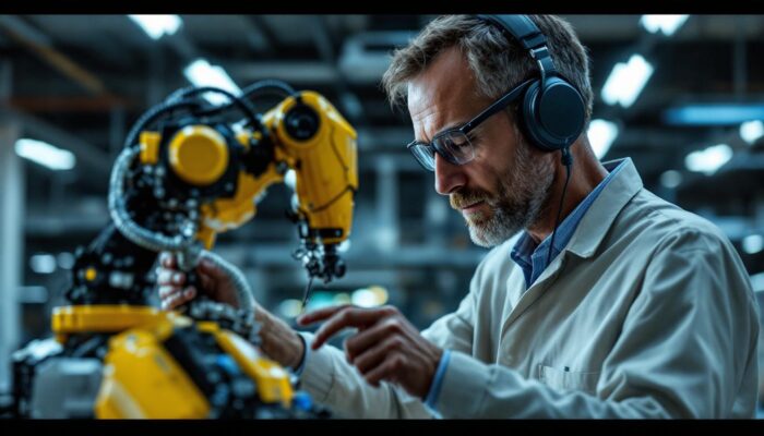 A photograph of capture a photograph of a louisiana tech university professor or researcher engaging with an industrial robot in a modern lab setting