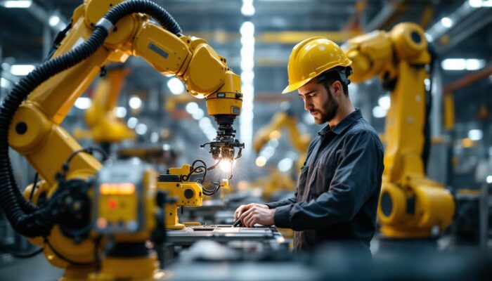 A photograph of a spot operator working alongside an industrial robotic arm in a dynamic manufacturing environment