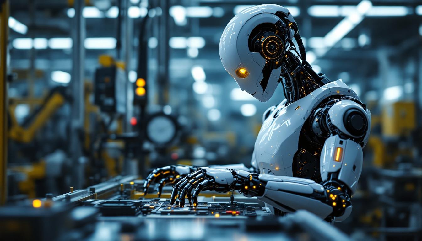 A photograph of a sleek industrial robot in action within a manufacturing environment