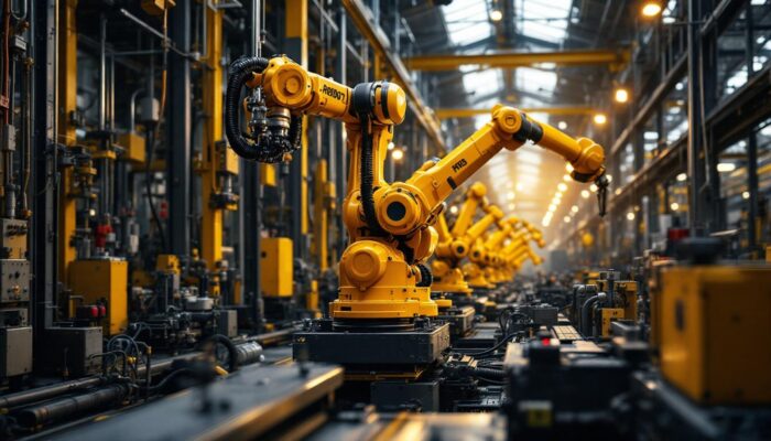 A photograph of a bustling boston industrial landscape featuring advanced robotics in action