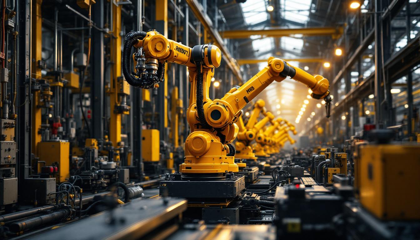 A photograph of a bustling boston industrial landscape featuring advanced robotics in action