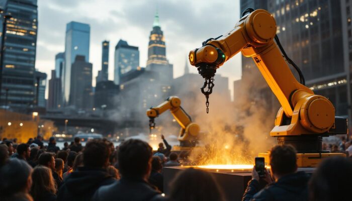 A photograph of a dynamic demonstration in boston showcasing industrial robots in action