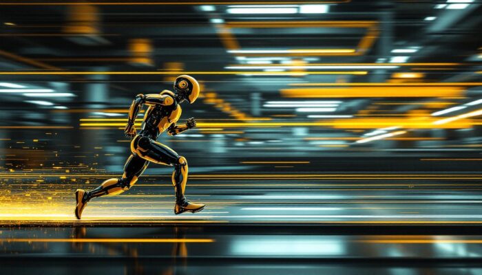 A photograph of a dynamic scene showcasing a human athlete sprinting at full speed alongside a cutting-edge industrial robot in motion