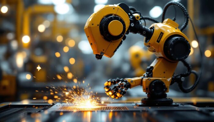 A photograph of a sleek industrial robot in action