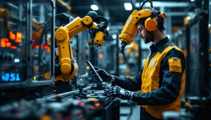 A photograph of a skilled technician programming an industrial robot in a modern manufacturing facility