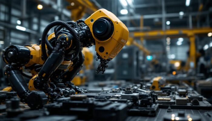 A photograph of capture a photograph of an atlas robot in action within an industrial setting