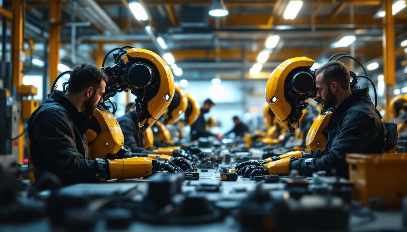 A photograph of a dynamic scene showcasing a collaborative workspace where devops professionals and industrial robots interact