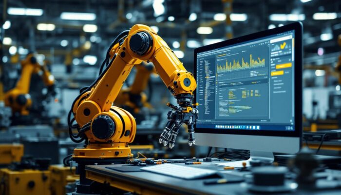 A photograph of a dynamic industrial robotics workspace in boston