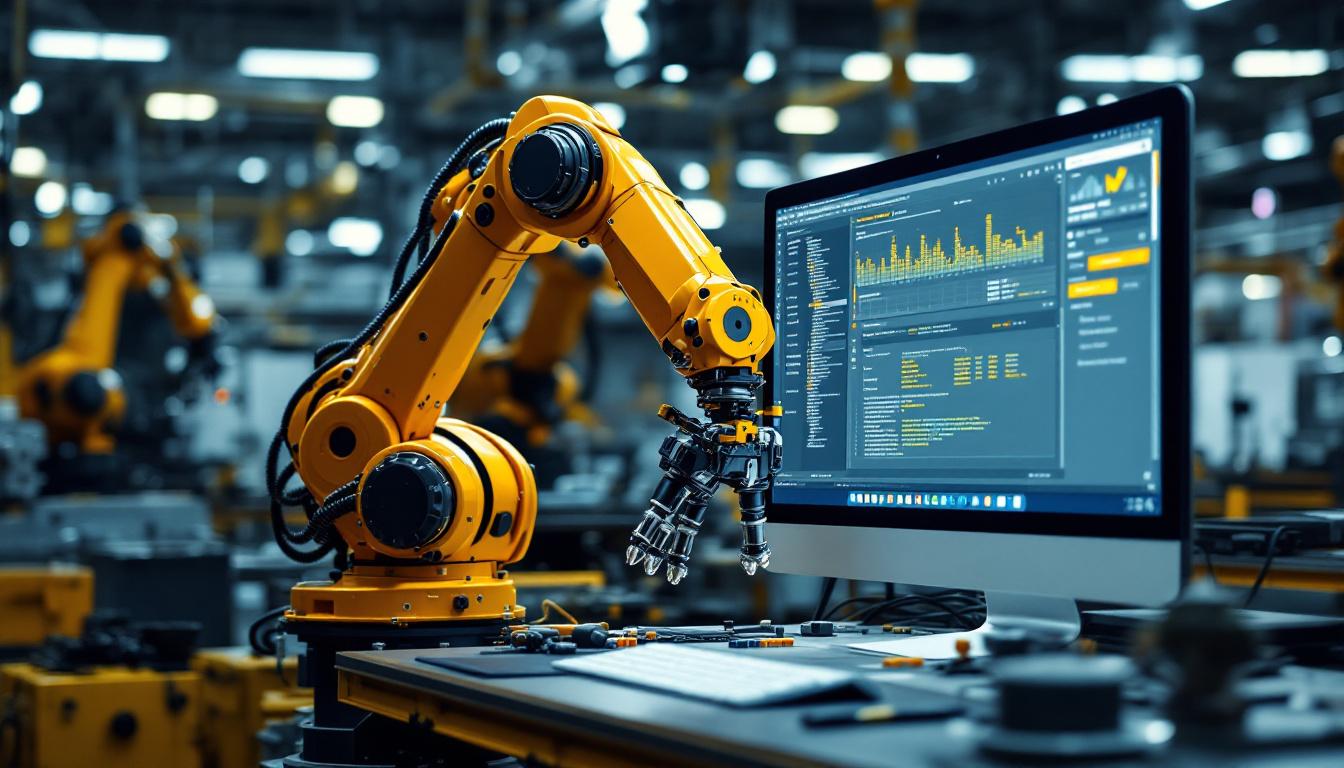 A photograph of a dynamic industrial robotics workspace in boston