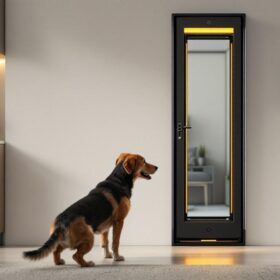 A photograph of a tall dog door installed in a modern home setting