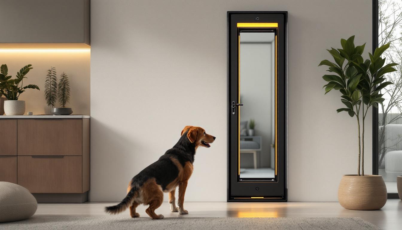 A photograph of a tall dog door installed in a modern home setting