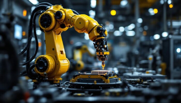 A photograph of a sleek industrial robotic arm in action