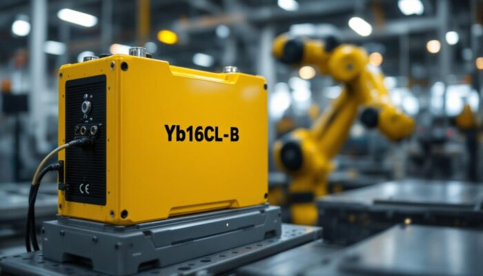 A photograph of capture a photograph of a yb16cl-b battery alongside an industrial robot in a factory setting