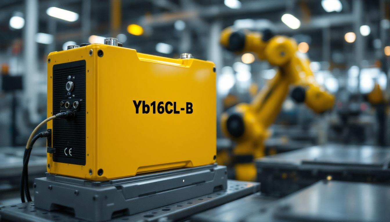 A photograph of capture a photograph of a yb16cl-b battery alongside an industrial robot in a factory setting