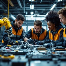 A photograph of a diverse group of entry-level mechanical engineers collaborating in a modern workspace