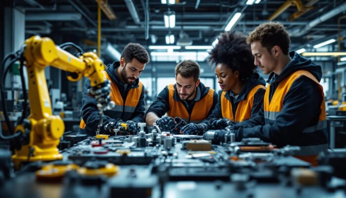 A photograph of a diverse group of entry-level mechanical engineers collaborating in a modern workspace