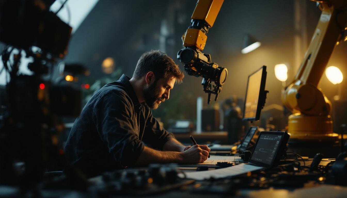 A photograph of capture a photograph of a filmmaker deeply engaged in the creative process