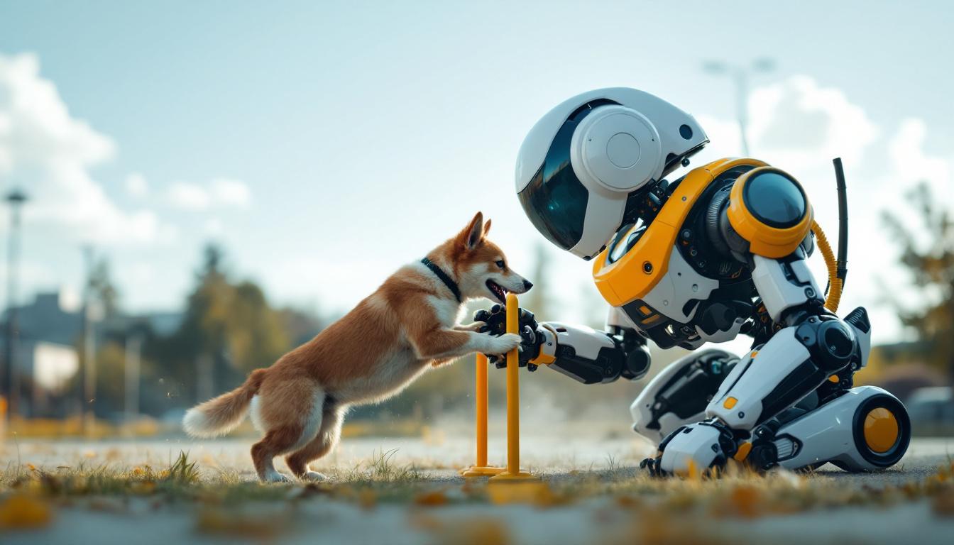 A photograph of a dynamic scene featuring a dog engaging in agility training alongside a sleek industrial robot