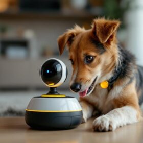 A photograph of a playful dog interacting with a robotic device