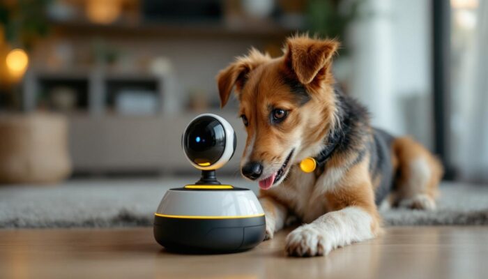 A photograph of a playful dog interacting with a robotic device
