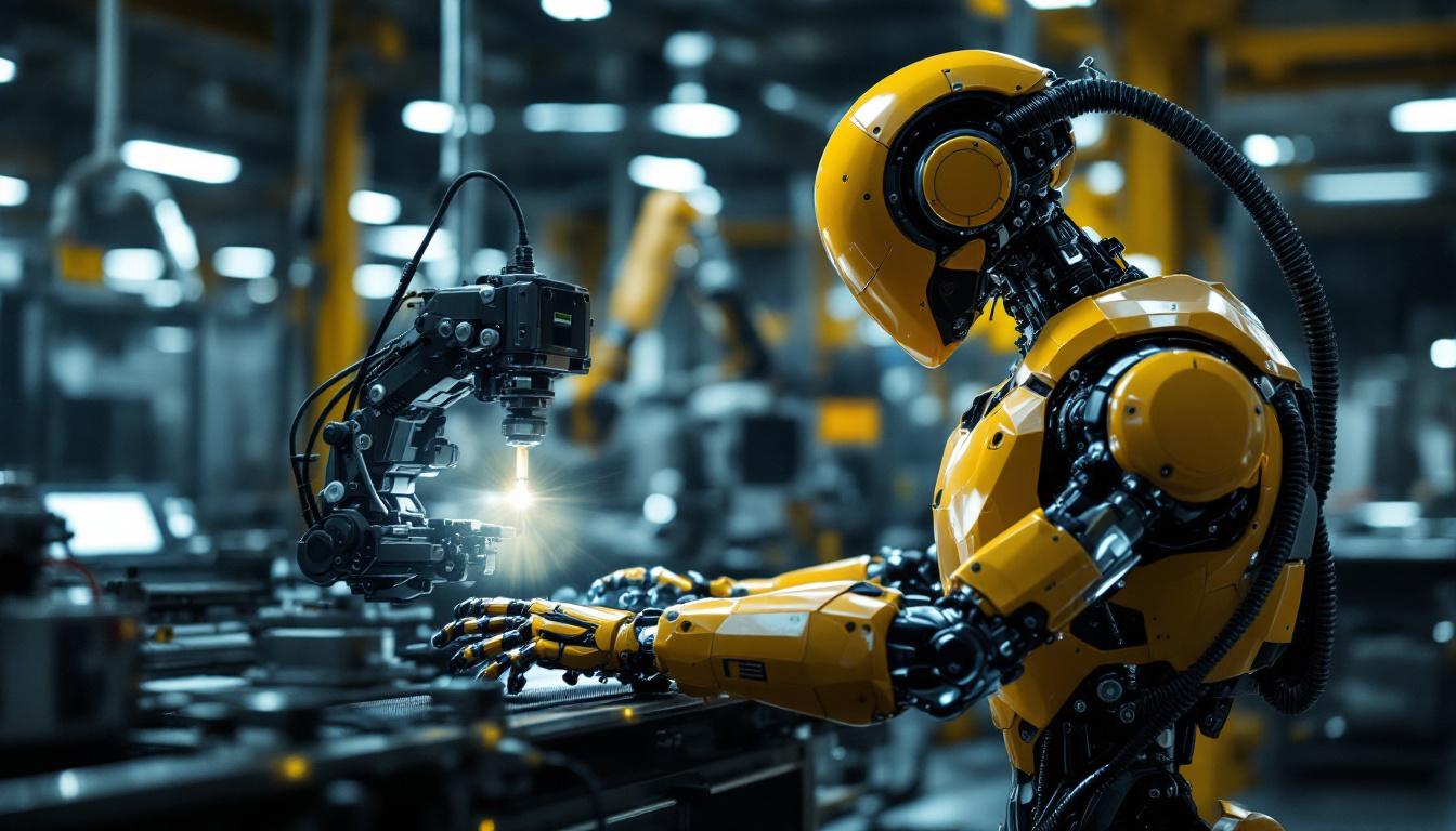 A photograph of a sleek industrial robot in action within a dynamic manufacturing environment