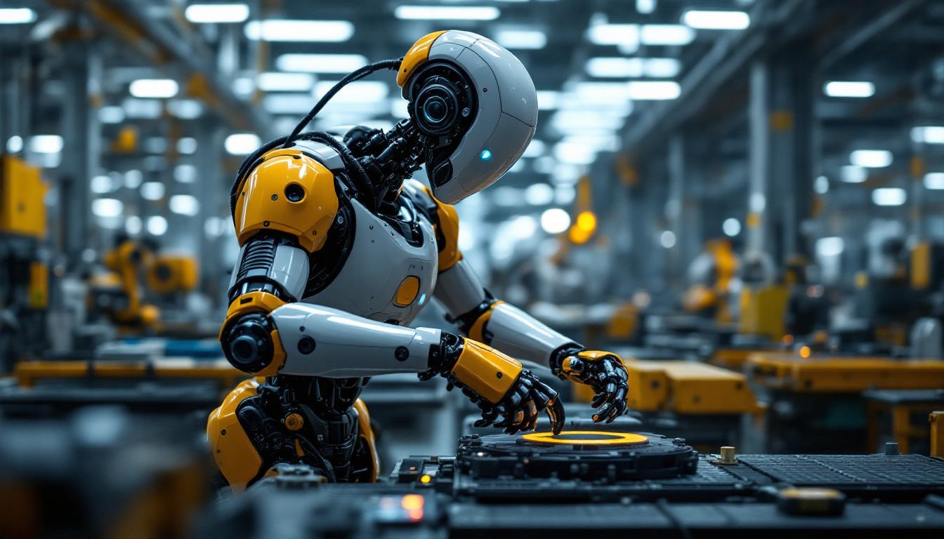 A photograph of a sleek industrial robot in action on a factory floor