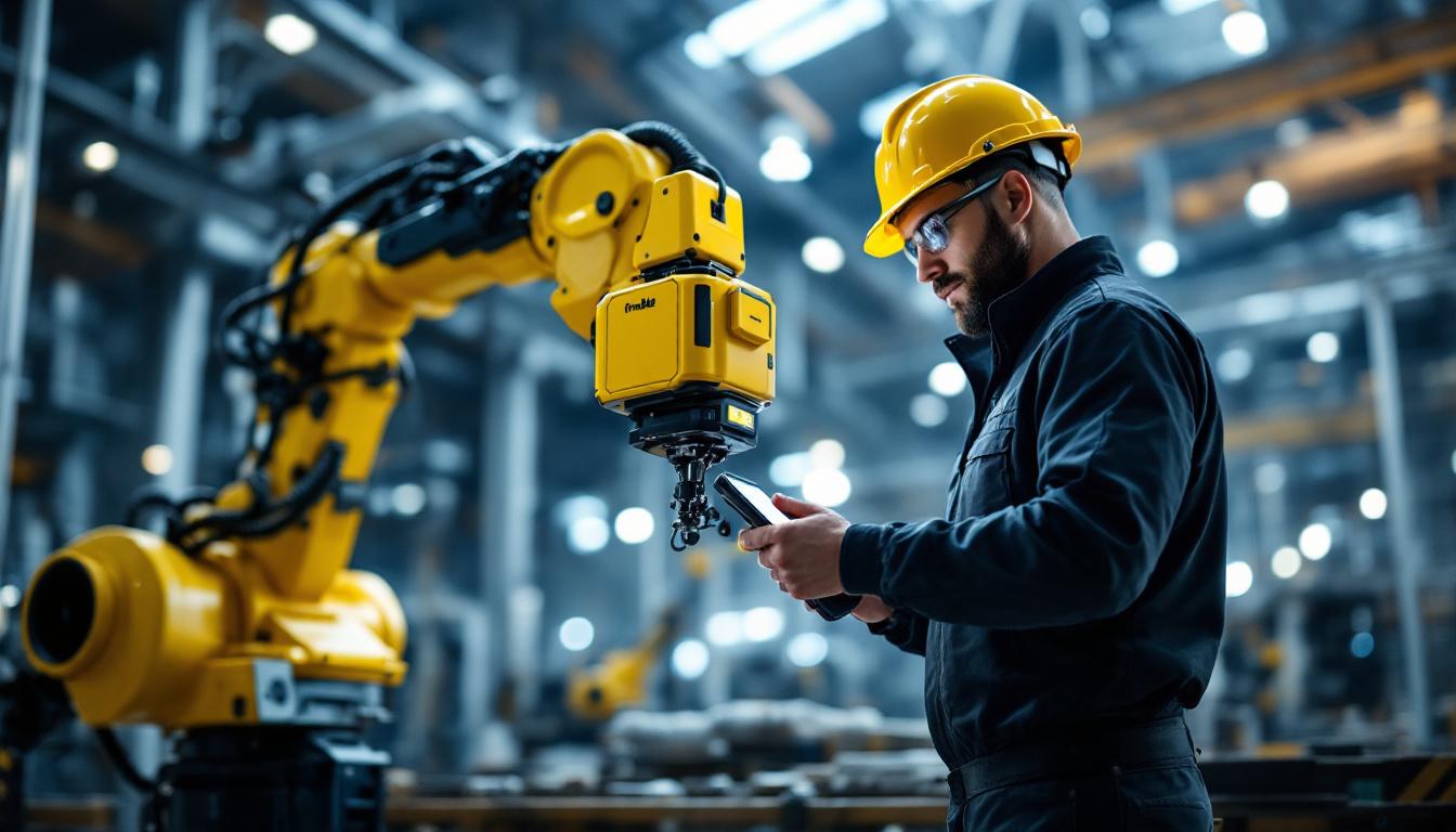 A photograph of a skilled operator using a 3d trimble device alongside an industrial robotic arm in a modern manufacturing or construction environment