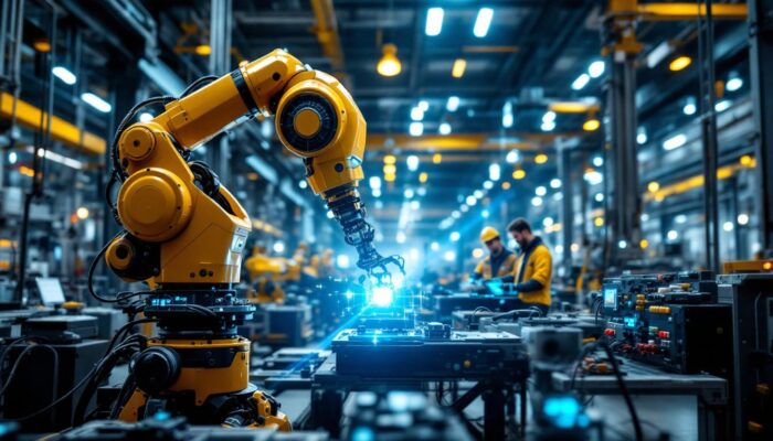 A photograph of a dynamic industrial robot in action within a modern manufacturing facility