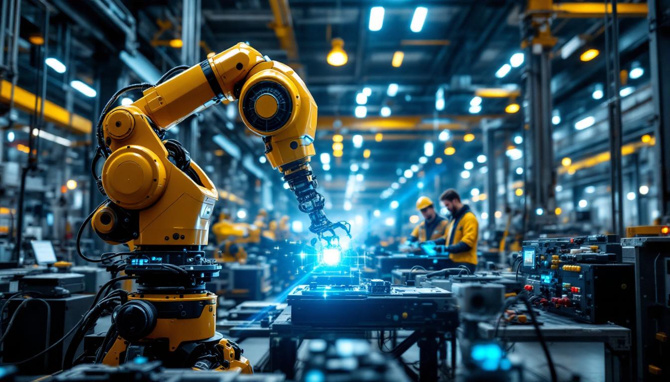 A photograph of a dynamic industrial robot in action within a modern manufacturing facility
