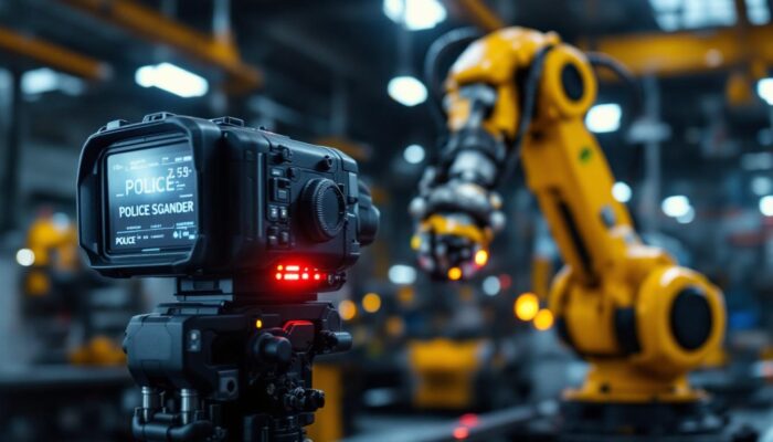 A photograph of a police scanner alongside an industrial robotic arm in a dynamic setting