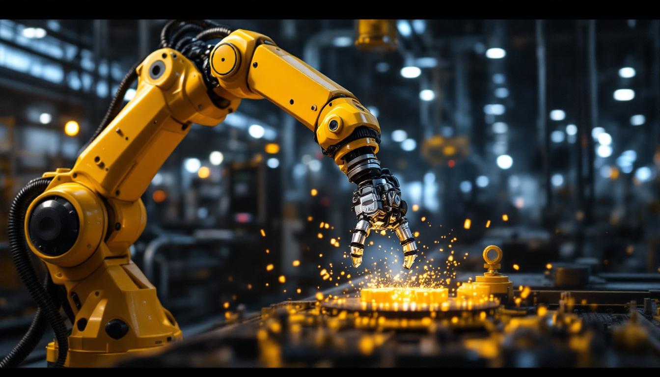 A photograph of a dynamic industrial setting showcasing a robotic arm in action