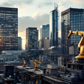 A photograph of a bustling boston cityscape featuring a blend of modern industrial architecture and robotic technology in action