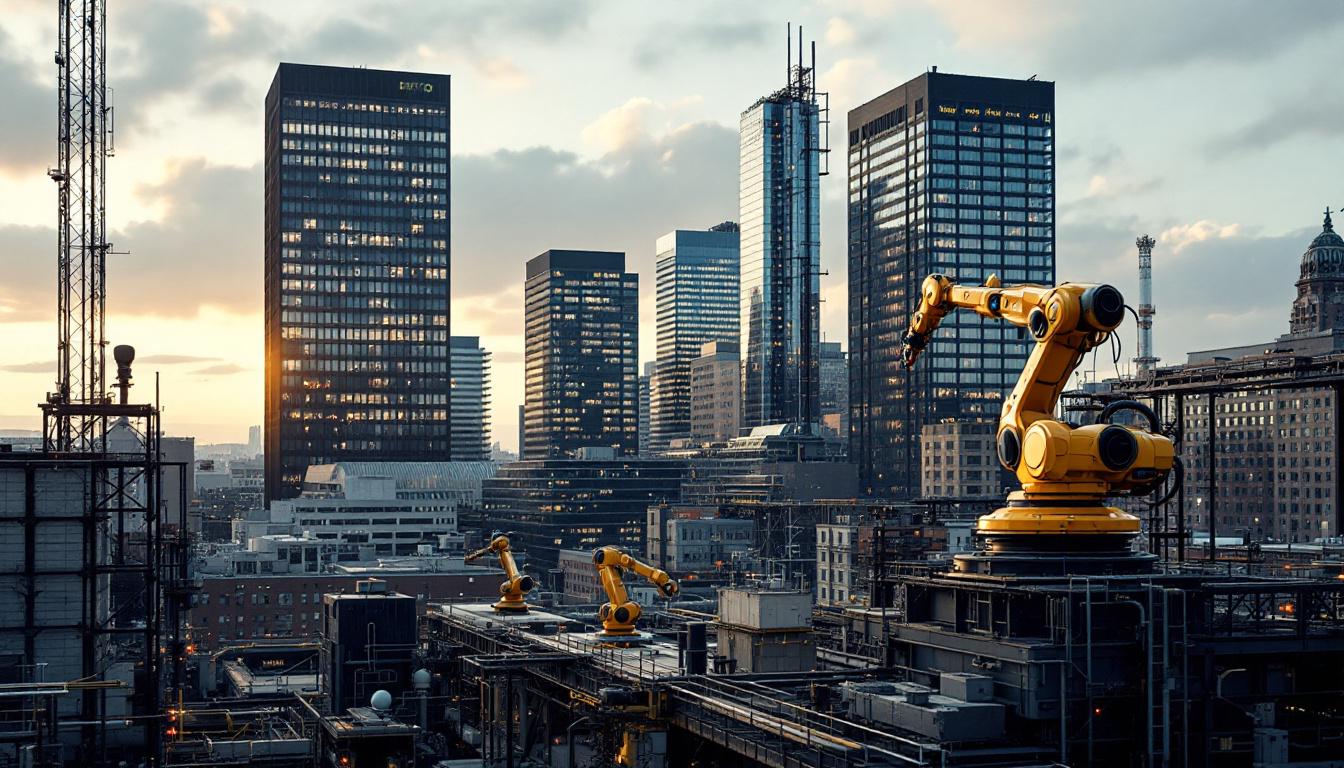 A photograph of a bustling boston cityscape featuring a blend of modern industrial architecture and robotic technology in action