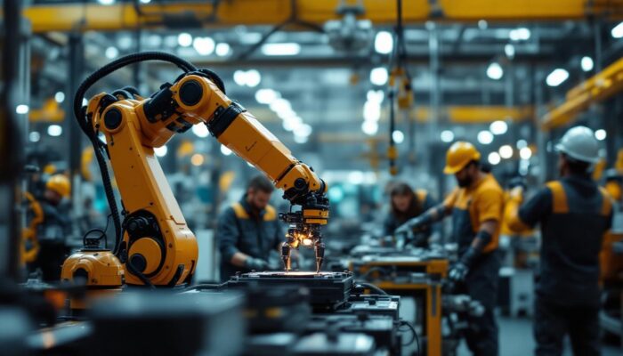A photograph of a dynamic industrial setting showcasing a robotic arm in action